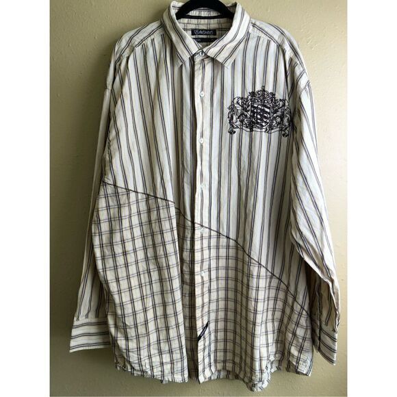 ECKO UNLTD Men ShirtLarge Long Sleeve Embroidered Graphic Tan Plaid and Stripe F - Picture 1 of 16